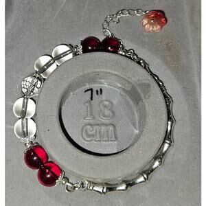 Burgundy Clear Wire Bracelet w beaded Flower Dangle Charm #65